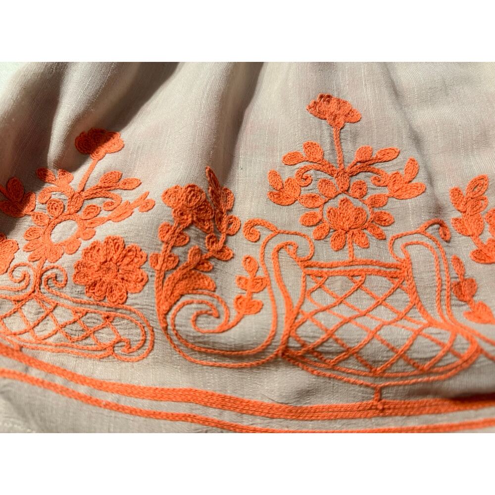 Anthropologie Boho Taupe Babydoll Top Size XL Smocked Waist Coral Embroidery Y2K - Picture 7 of 8